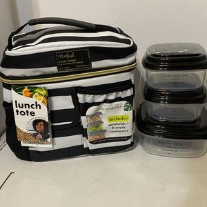Fit + Fresh lunch tote with 3 containers black and white stripes